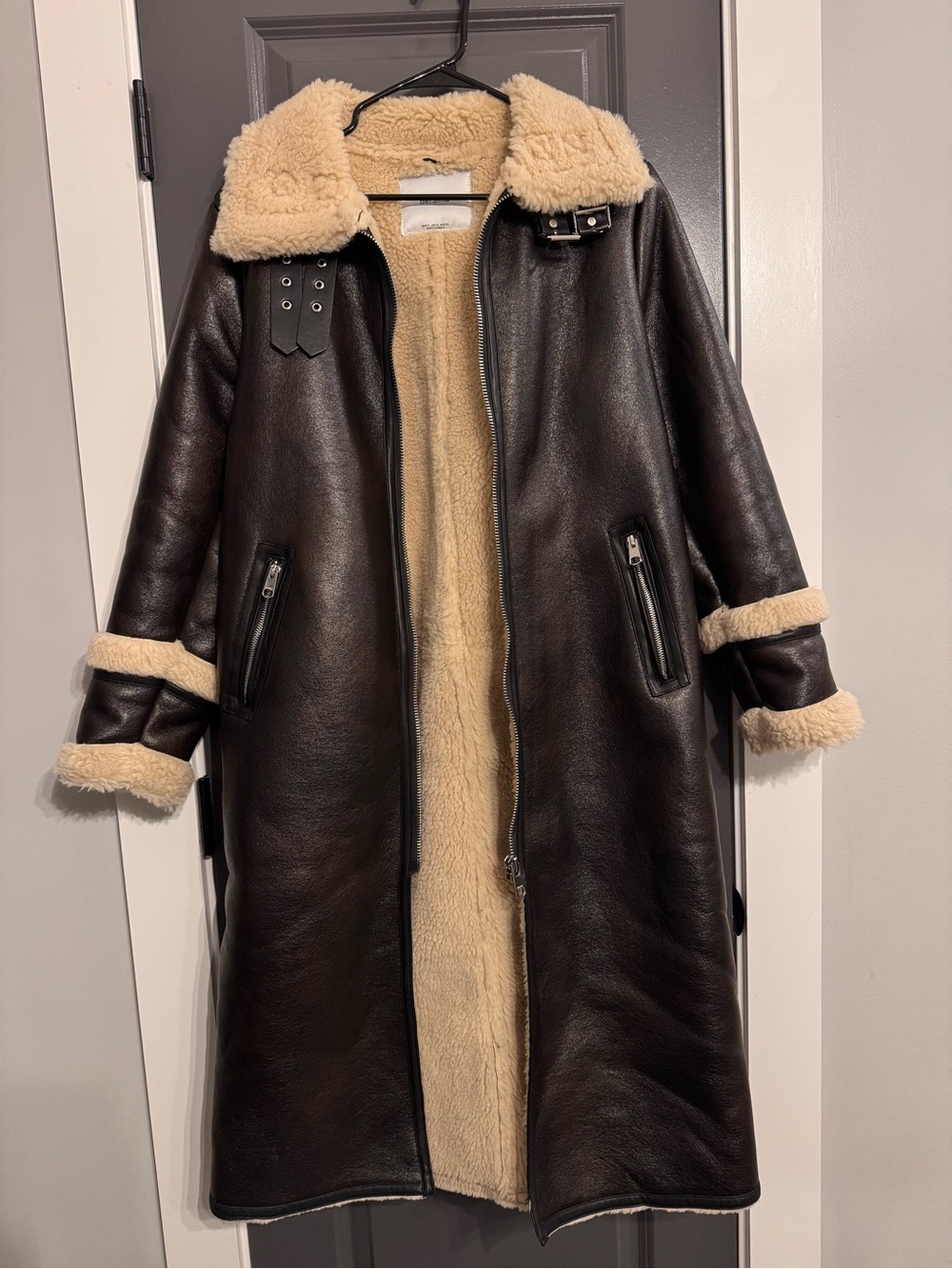 Bershka Shearling-Lined Faux Leather Long Coat - Brown/Cream